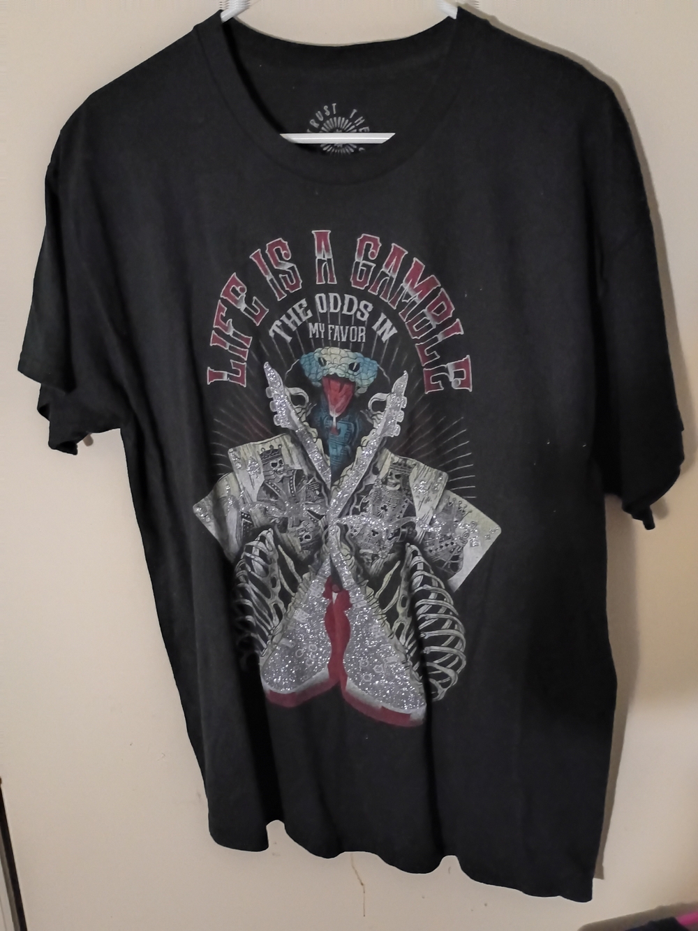 Black Graphic Short Sleeve Tee with 'Life Is A Gamble' Print